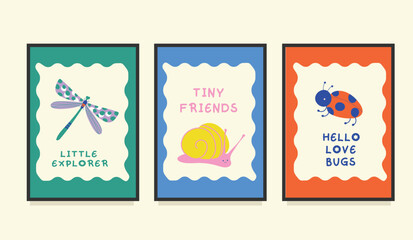 Cute Bug Posters Minimalist Insect Wall Art for Kids featuring playful illustrations. Perfect for nursery decor, children's room wall art, classroom visuals, or early learning materials. © NuriStudioo