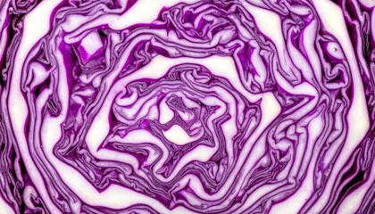 Fototapeta premium キャベツ 断面 紫 白 層 野菜 マクロ 有機的 曲線 渦巻き 自然 鮮やか 健康 食材 模様 植物 テクスチャ 複雑 生命 グラデーション