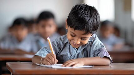 Smiling Asian boy writing in classroom at school - Powered by Adobe