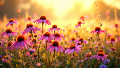 Sunlit meadow with pink coneflower blossoms for natural beauty and wellness inspiration