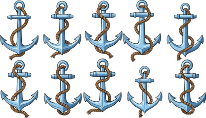 Set of nautical anchor illustrations, blue anchors with rope, maritime cartoon style, isolated vector elements, ocean symbol collection © Biplob Creatives