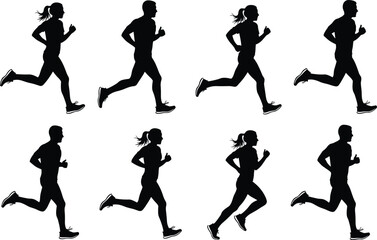 Running silhouette collection, male and female joggers, fitness motion illustration, athletic workout poses, sporty jog, isolated white background