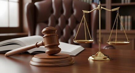 Gavel and scales of justice on a wooden table. Law and legal concept. Courtroom, judgment, auction, and legislation background.