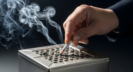 A hand putting out a lit cigarette in an ashtray. Concept of quitting smoking, addiction, unhealthy habits, and health risks associated with tobacco.