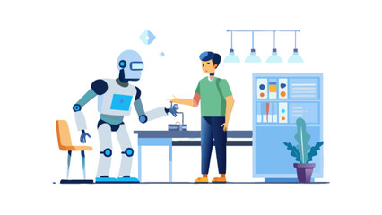 Robot and human interaction vector illustration showing future technology and collaboration in office space