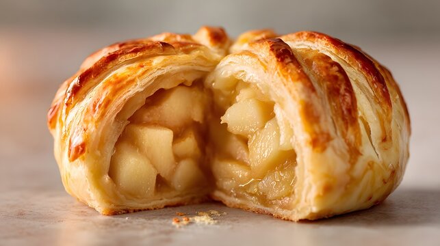 Halved apple dumpling showing baked apple filling.