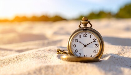 Golden Pocket Watch on Beach Sand at Sunset: Time's Passage