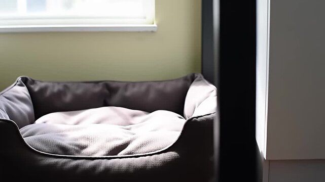 Cozy dog bed sits bathed in sunlight next to a window and a partially open door