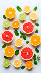 Colorful citrus slices and mint leaves scattered on a white marble surface.