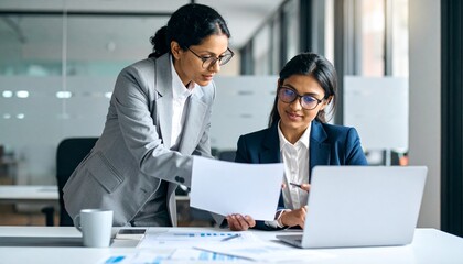 Obraz premium Serious indian mentor worker talk to female colleague teach intern. Detailed high quality. 