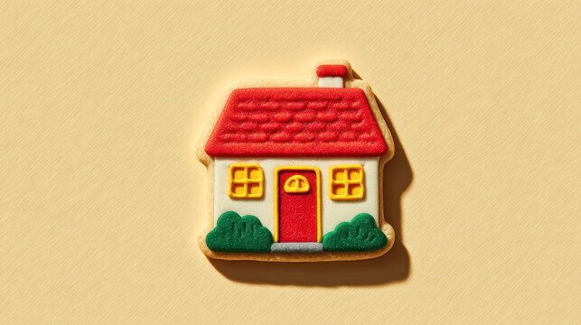 Festive homemade cookie with house design on yellow background for holiday celebrations