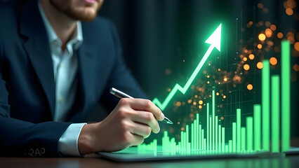 Businessman analyzing financial growth with rising green arrow representing market success and profits
