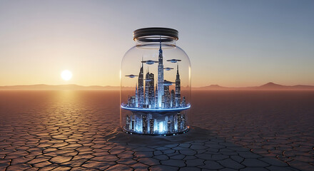 A futuristic cityscape encased within a glass jar, set against a desert landscape at sunset.