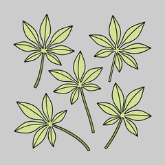 Hand-Drawn Green Leaves Pattern With Natural Elements on Gray Background
