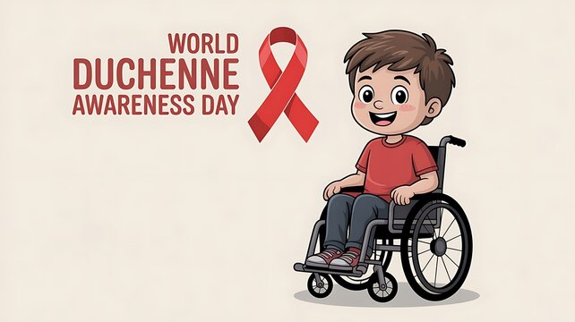 Happy boy in wheelchair celebrates world duchenne awareness day with red ribbon