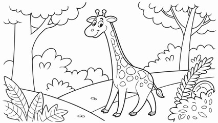 Vector Cartoon funny Giraffe, funny image in the forest, Coloring book page for children. Line Art isolated on white background