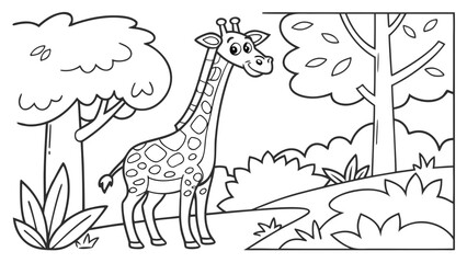 Vector Cartoon funny Giraffe, funny image in the forest, Coloring book page for children. Line Art isolated on white background