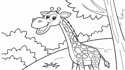 Vector Cartoon funny Giraffe, funny image in the forest, Coloring book page for children. Line Art isolated on white background