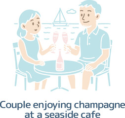 海辺のカフェでシャンパンを楽しむカップル（主線なし）
A couple enjoying champagne at a seaside cafe (no main lines)