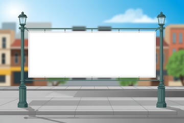 Obraz premium Blank White Banner Hung Between Two Street Lamps on a Sidewalk with Blurred Buildings Background empty