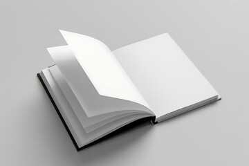 Open Blank Book with White Pages and Black Cover on a Light Gray Background empty