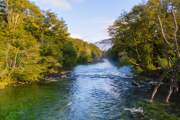 Green Waters of the Manso River at Nahuel Huapi National Park with Mount Tronador