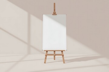 Wooden Easel with a Vertical Blank White Poster and Sunlight Shadows display