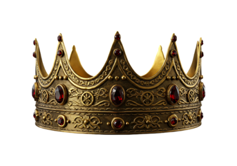 Ornate gold royal crown with red jewels isolated on transparent background
