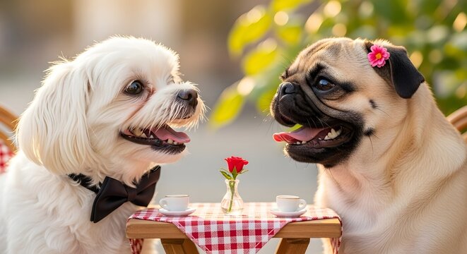 Two dogs, a pug and a white-furred dog, celebrating a birthday with a cake and balloons. The image is cute and cheerful
