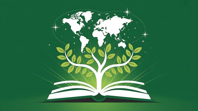 Open book with tree of knowledge growing into a world map