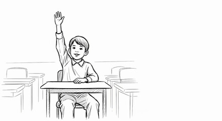 Boy raising hand in classroom, pencil style sketch, white background