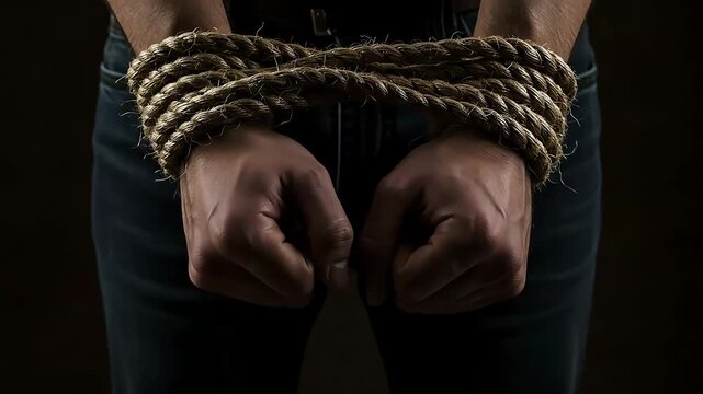 Man Hands Bound With Thick Brown Rope Against Black Background Showing Torment and Restriction