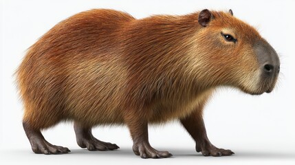 A capybara in profile view against a plain white background.  Capybara side view