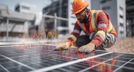 Construction worker examining solar panel with overlayed graphs