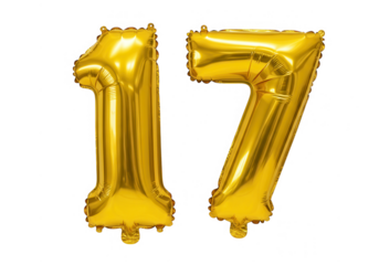 Gold number 17 balloons isolated on transparent background