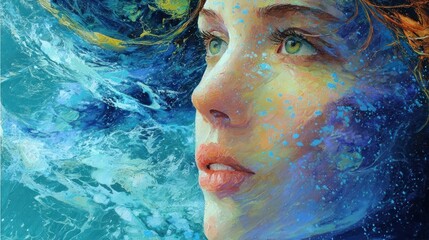A woman's serene face blends into turbulent ocean waves. Artistic painting of cool hues