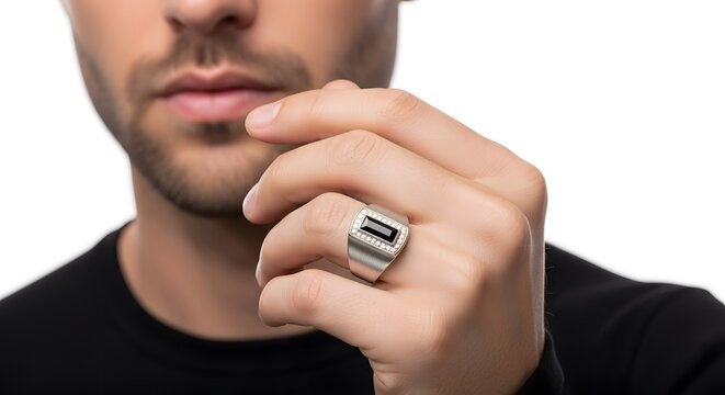 A man touching his chin, wearing a large silver ring on his finger. The image focuses on the hand detail and expression. - Powered by Adobe