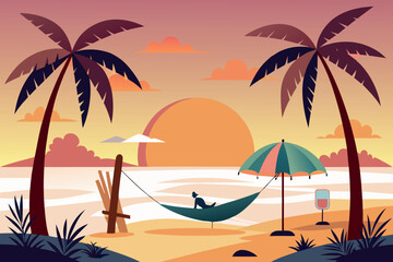 Sunset on a tropical beach with palm trees and hammock for relaxation