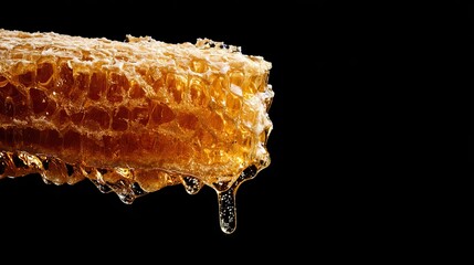 A honeycomb with liquid amber-colored honey sits on a black background, isolated on white, suitable for web design and advertising, highlighting the natural sweetness and texture of honey.