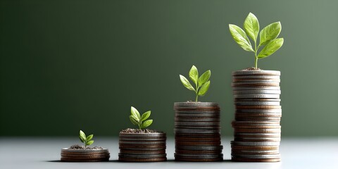 Financial Growth Visualization with Progressive Coin Stacks and Plant Growth Symbolism in Minimalist Composition