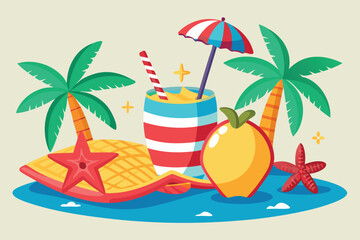 A tropical beach scene with a drink, fruit, and palm trees on an island