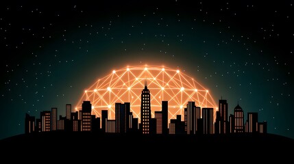 A silhouette of a city skyline is shown with a glowing networked sphere above it against a dark, star-filled sky, symbolizing connectivity and the digital age.