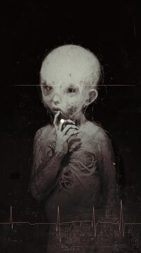 Abstract child-like figure transforming with futuristic biological enhancements and evolving heartbeat display footage.