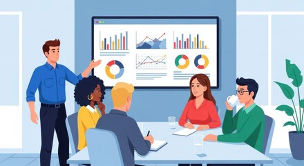 Business Meeting with Diverse Team Discussing Data Visualization on a Large Screen in a Modern Conference Room Setting