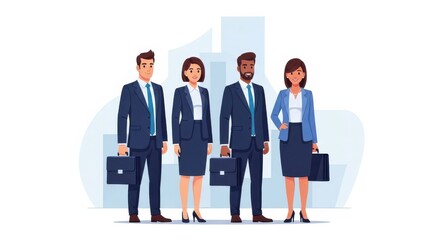 Professional Business Team of Four Members Standing Together in Formal Attire with Briefcases in a Modern Office Environment