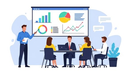 Business Meeting with Presentation of Data Analysis and Charts, Team Collaboration in Conference Room, Discussion on Strategies and Growth Momentum