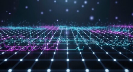Abstract digital visualization with waveforms and grid, representing data analysis, technology trends, and futuristic connectivity in vibrant colors