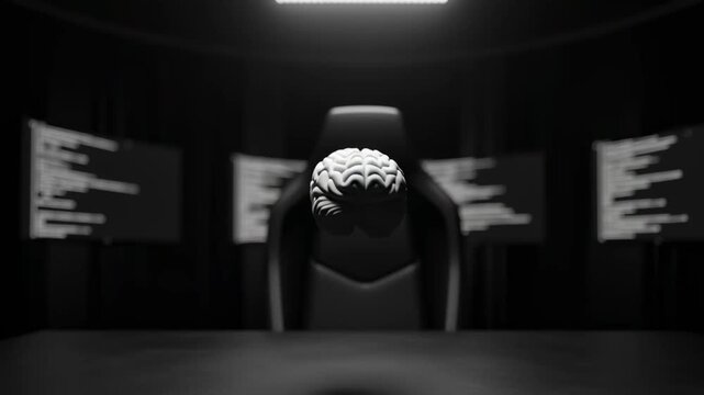 Floating human brain developing artificial intelligence and processing data in a dark server room footage.