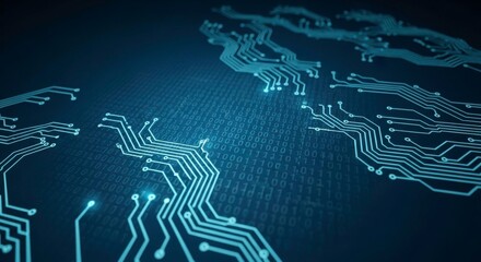 Futuristic Blue Circuit Board Design with Digital Patterns and Binary Code, Ideal for Technology and Computer-Related Backgrounds and Graphics
