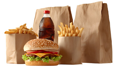A fast food meal with a burger, fries, and soda in brown paper bags, isolated on a transparent background